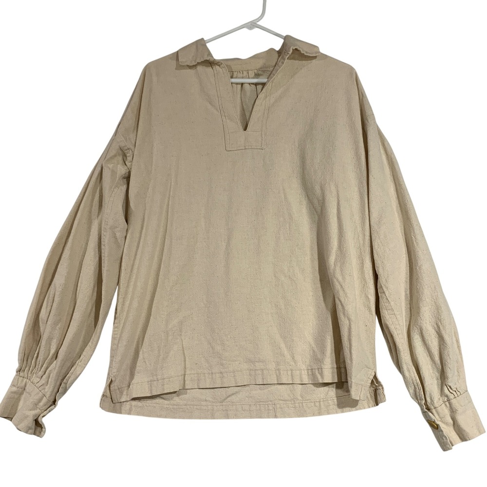 Mens Cotton Beige Long Sleeve V Neck Shirt Hippie Natural Earth Festival L/XL
